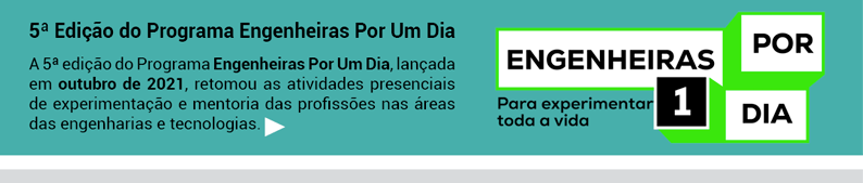 5ª Edição do Programa Engenheiras Por Um Dia.
A 5ª edição do Programa Engenheiras Por Um Dia, lançada em outubro de 2021, retomou as atividades presenciais de experimentação e mentoria das profissões nas áreas das engenharias e tecnologias.